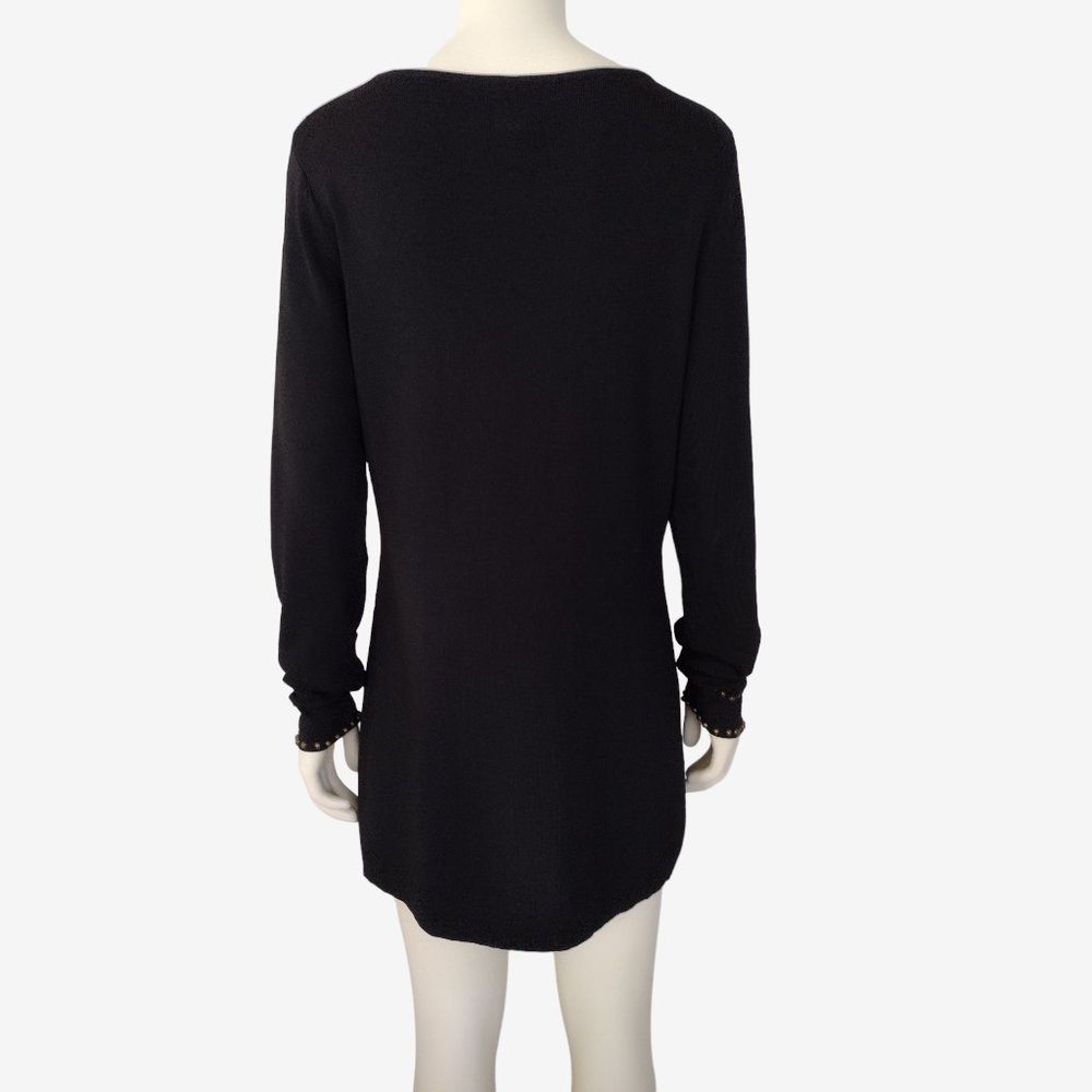 Grace Black Boat Neck Long Sleeved Beaded Fitted Stretch Knit Mini Dress - Picture 6 of 11